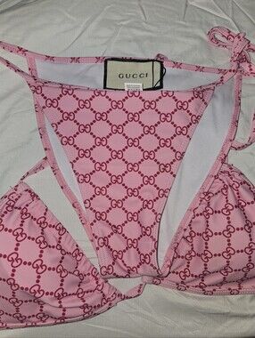 Gucci Pink & Red Monogram Bandeau Bikini Set